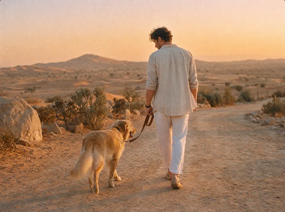 A pet parent walking a golden retriever on a clear desert path at dawn