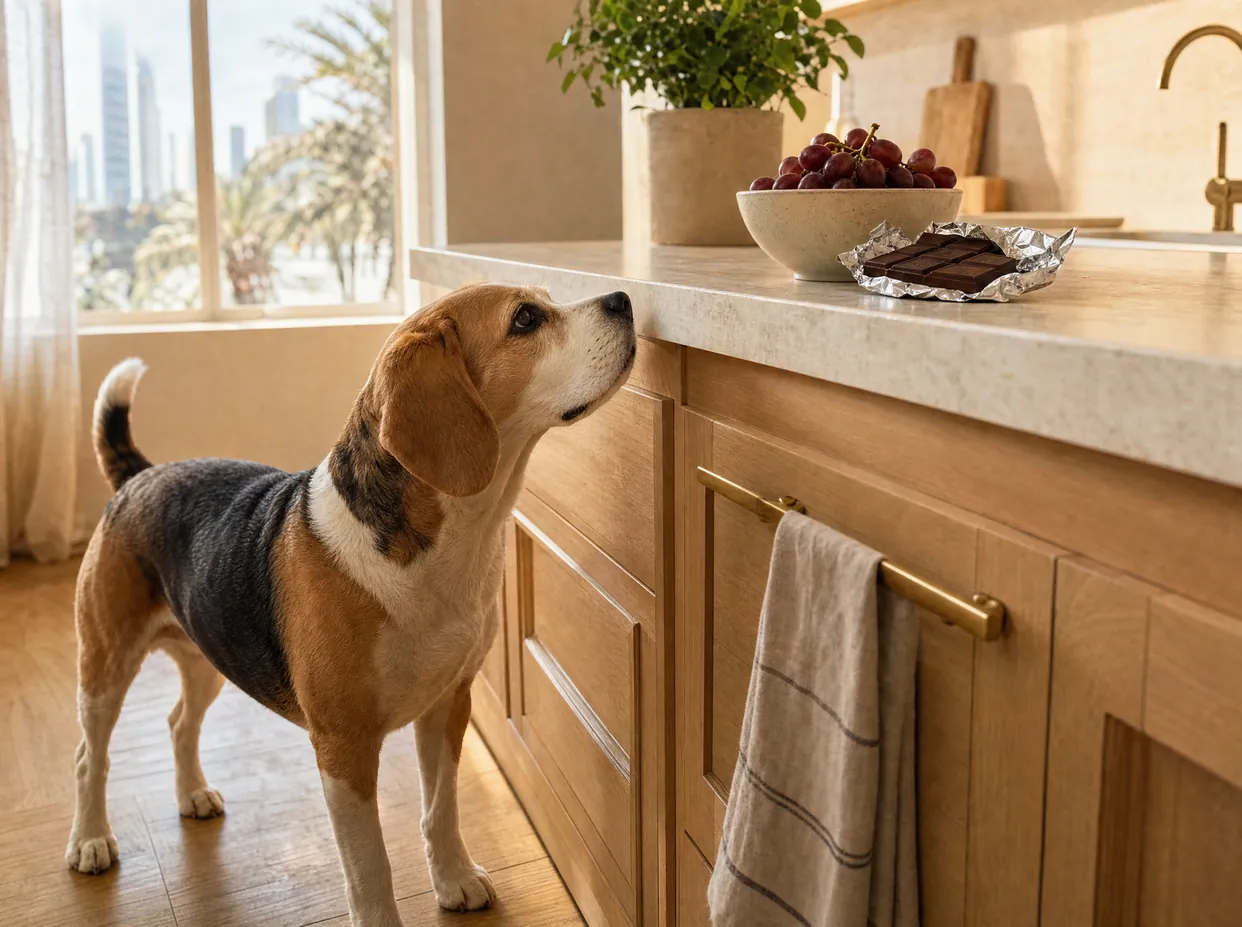 A beagle looking up at grapes and chocolate on a kitchen counter