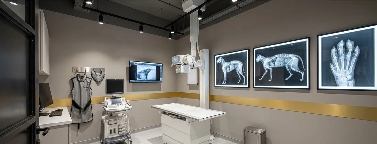 A diagnostic imaging room with an X-ray table, ultrasound machine and X-ray images on the wall