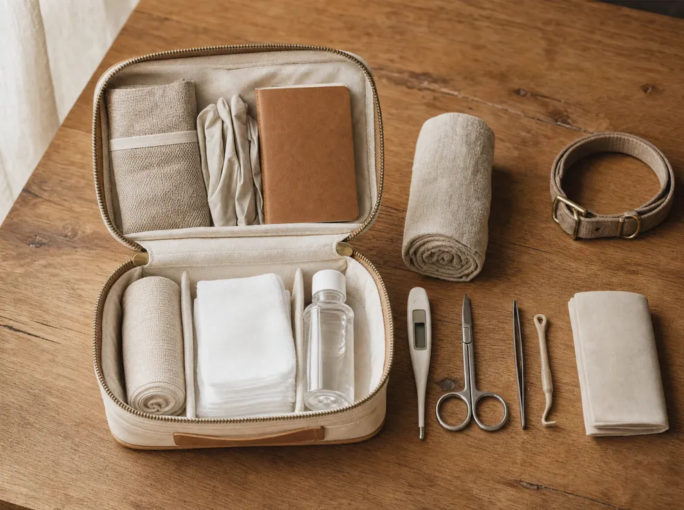 An open pet first aid kit on a timber table, with bandage wrap, gauze, saline, a thermometer, scissors, tweezers, a tick remover and a towel