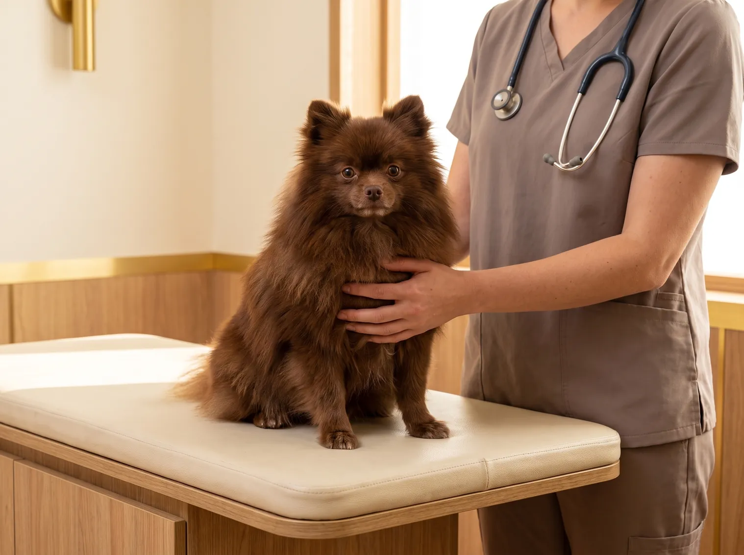 A vet in taupe scrubs with a hand on a small dog on the consultation table