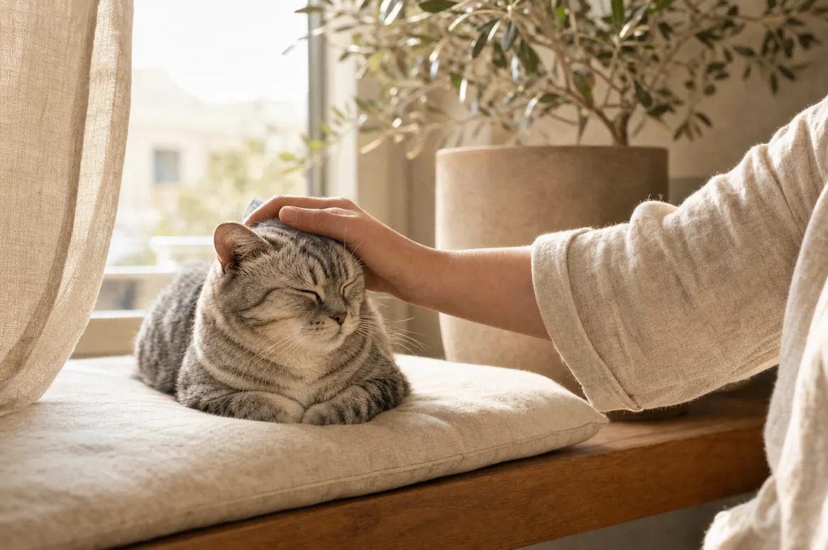 A silver tabby cat resting on a window seat while its owner strokes its head