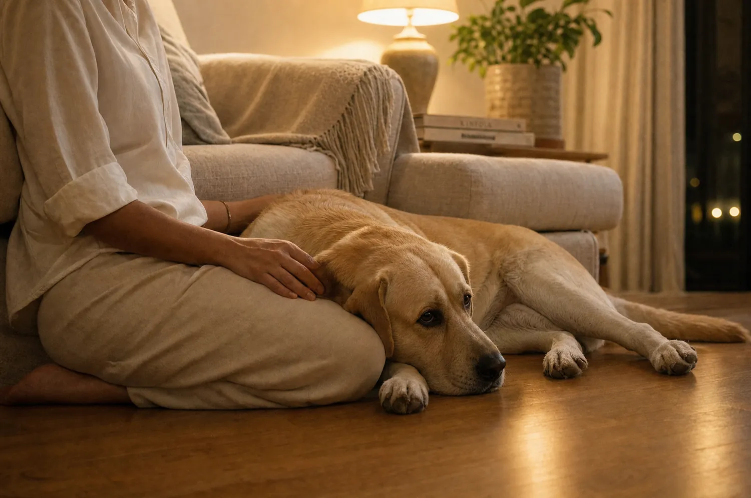 A Labrador lying calmly against its owner on the floor at home