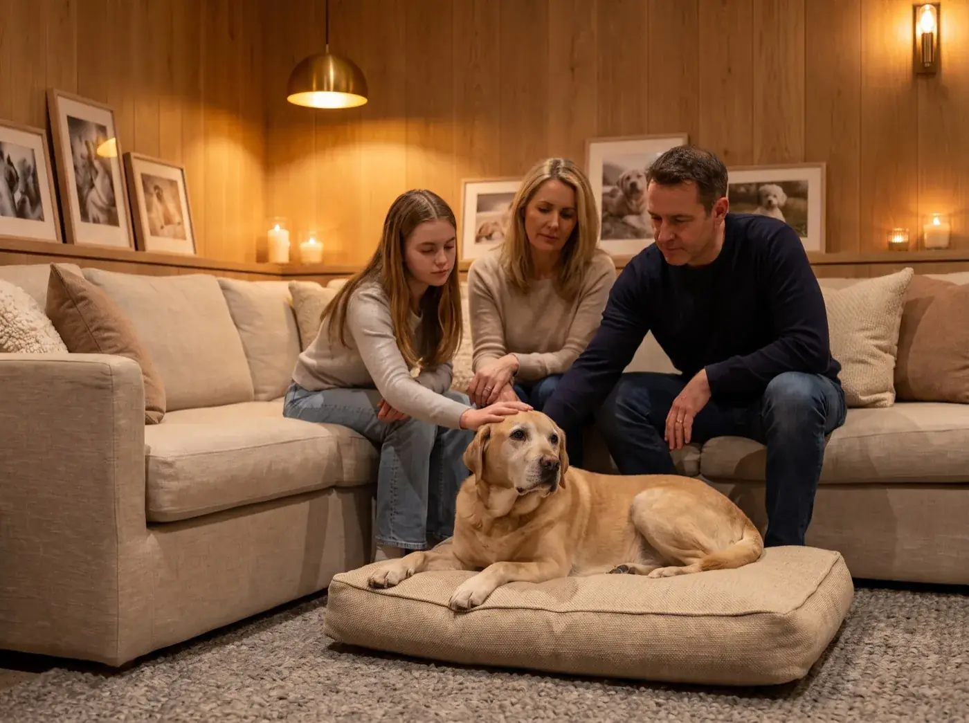 A mother, father and teenage daughter sitting quietly with their older Labrador in the Farewell Suite