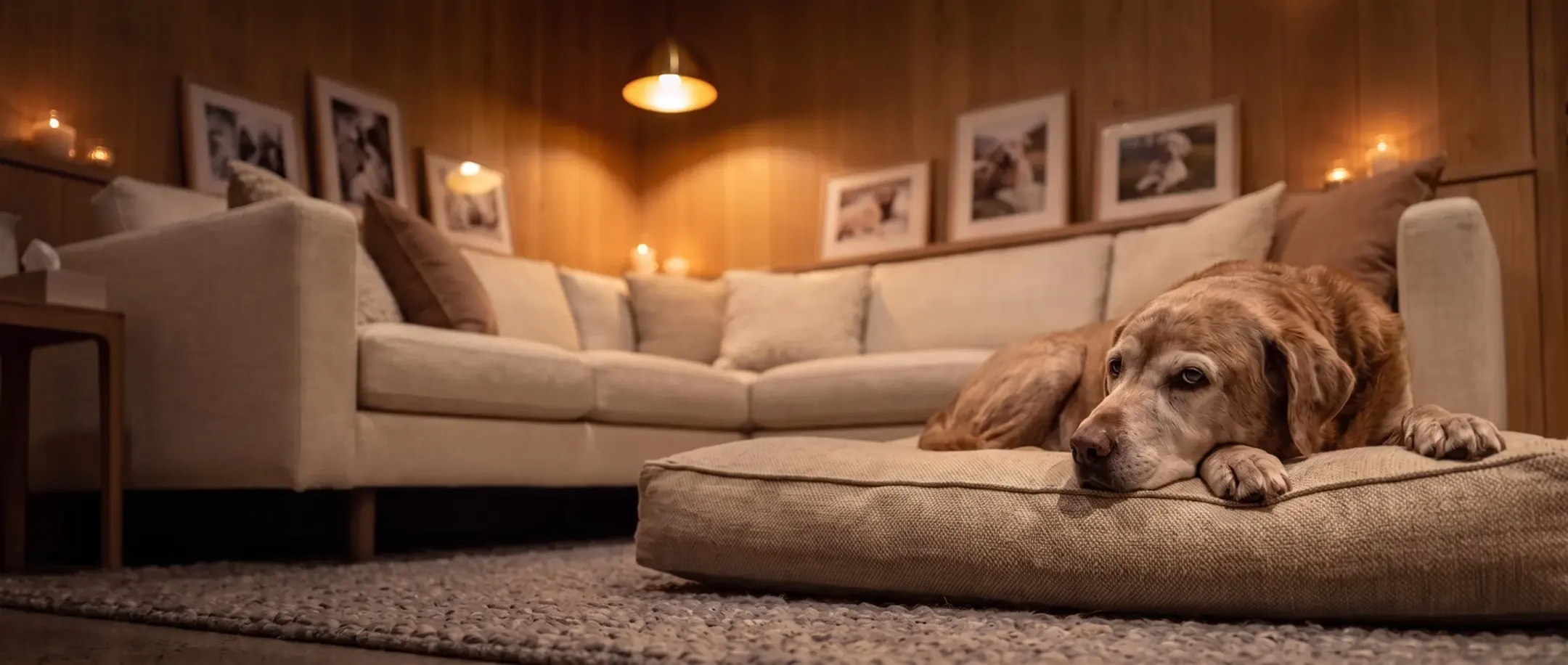 An older Labrador resting on a floor cushion in the Farewell Suite
