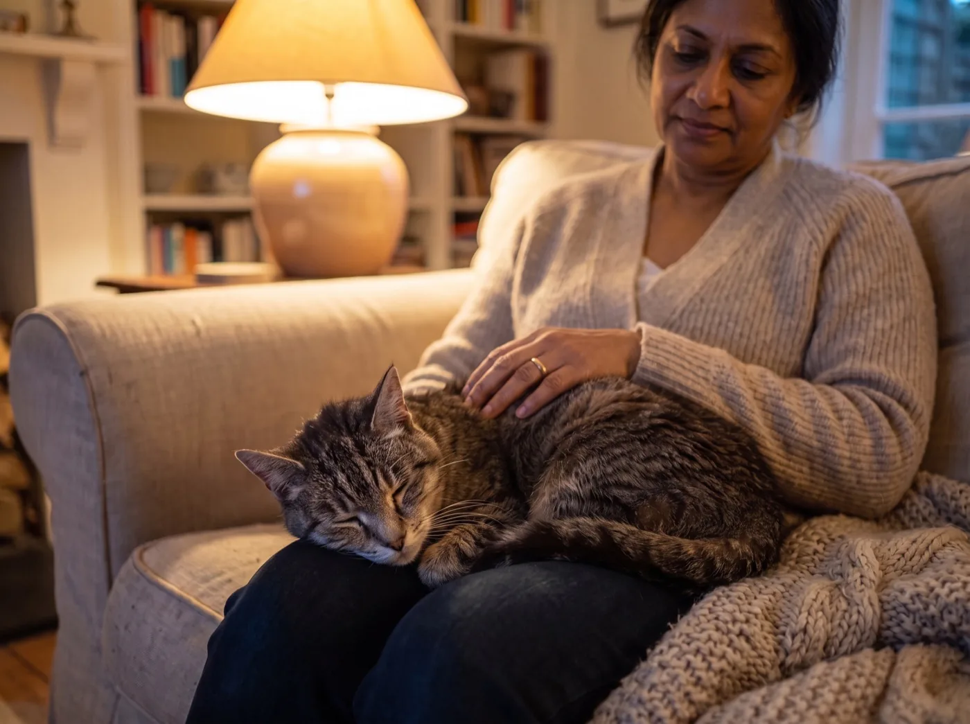An older tabby cat asleep on a woman's lap at home
