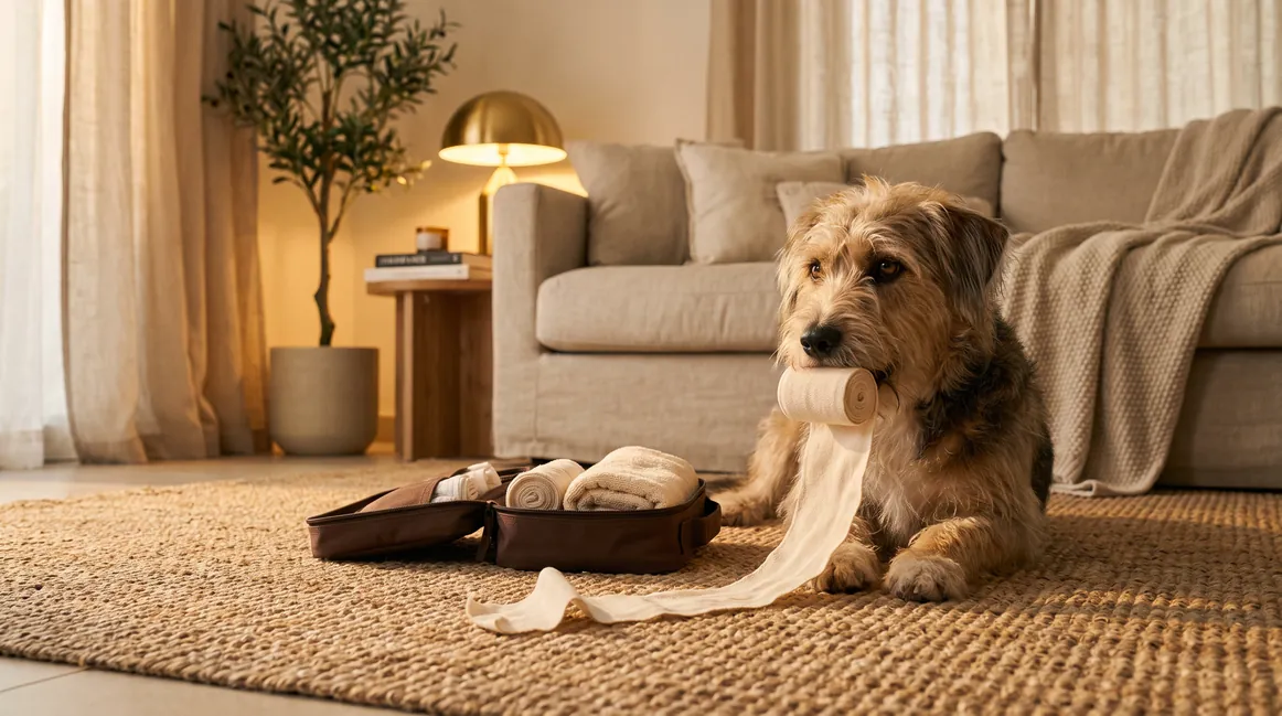 A scruffy terrier mix lying on a rug at home with a roll of pet bandage in its mouth, beside an open first aid pouch