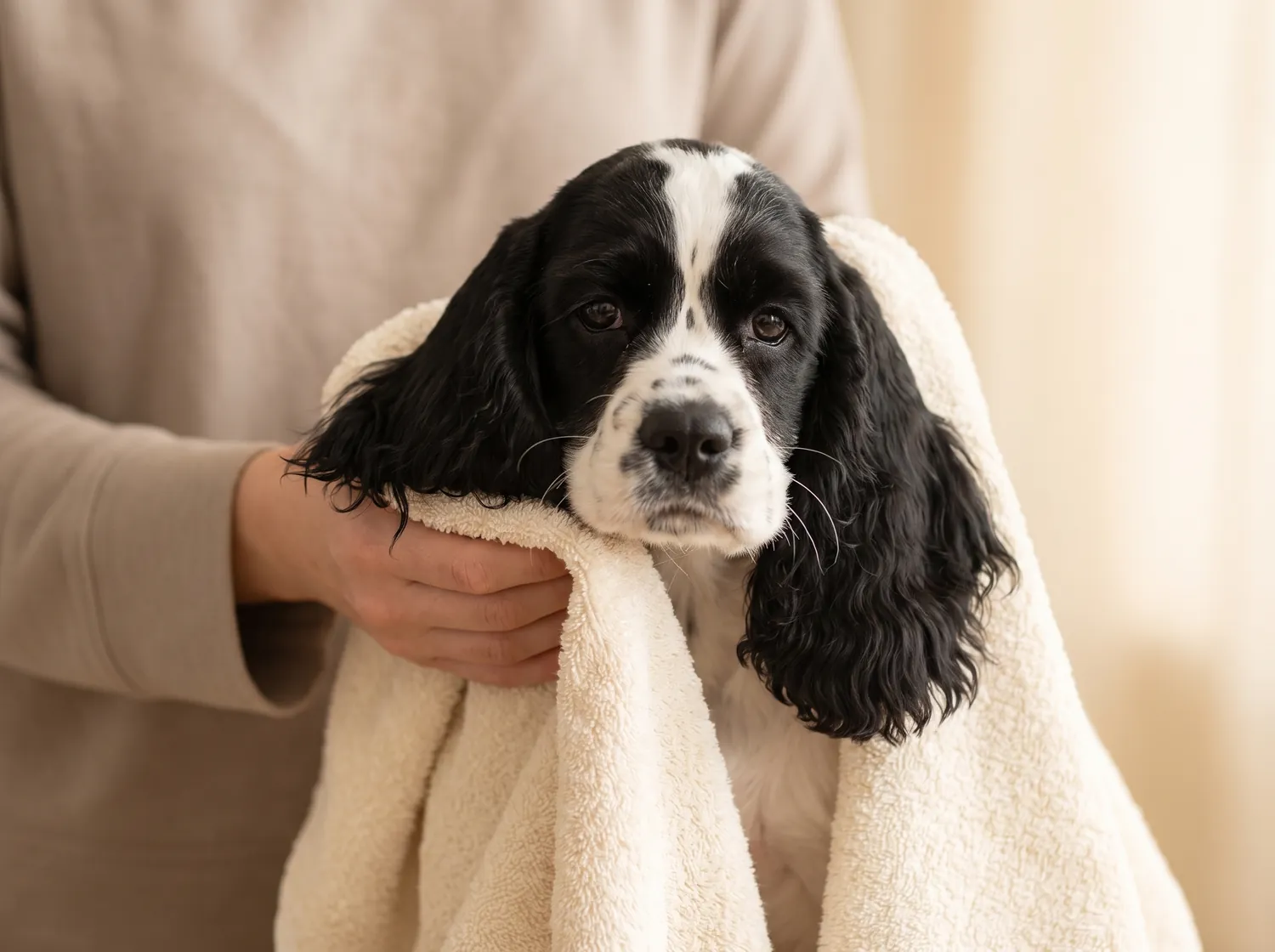 A Cocker Spaniel's long ears being dried with a soft towel after a bath