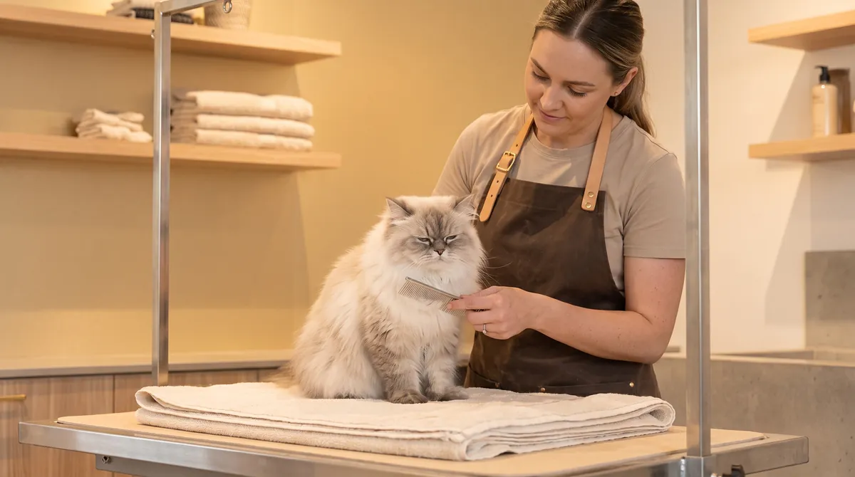 A calm long-haired Persian cat on a towel on the grooming table while a Paws & Co groomer gently combs its ruff
