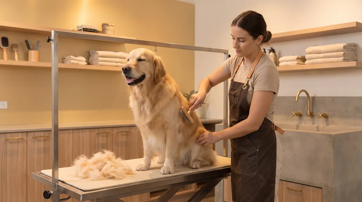 A relaxed Golden Retriever on the grooming table while a Paws & Co groomer brushes out its undercoat