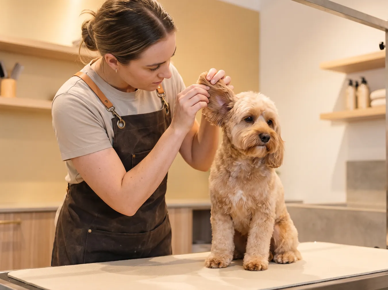 A Paws & Co groomer gently checking a Cavapoo's ear on the grooming table before the groom