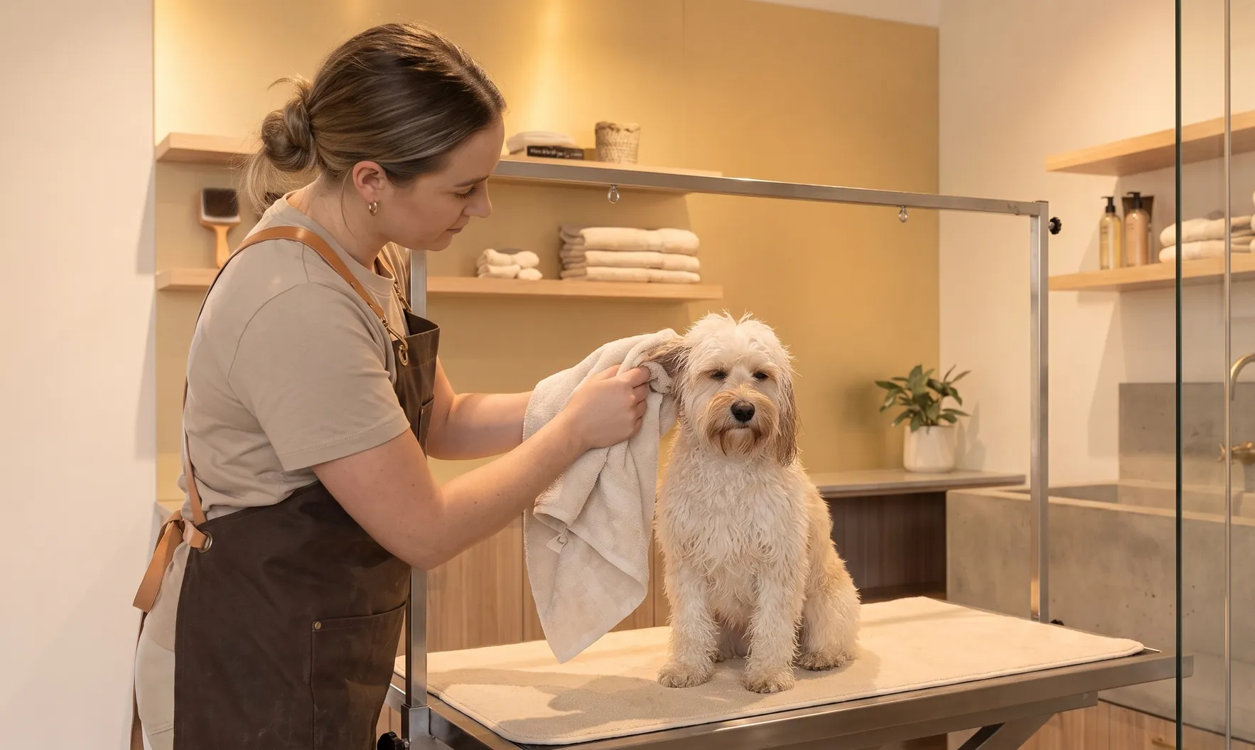 A Paws & Co groomer gently towel-drying a freshly bathed Cavapoo on the grooming table