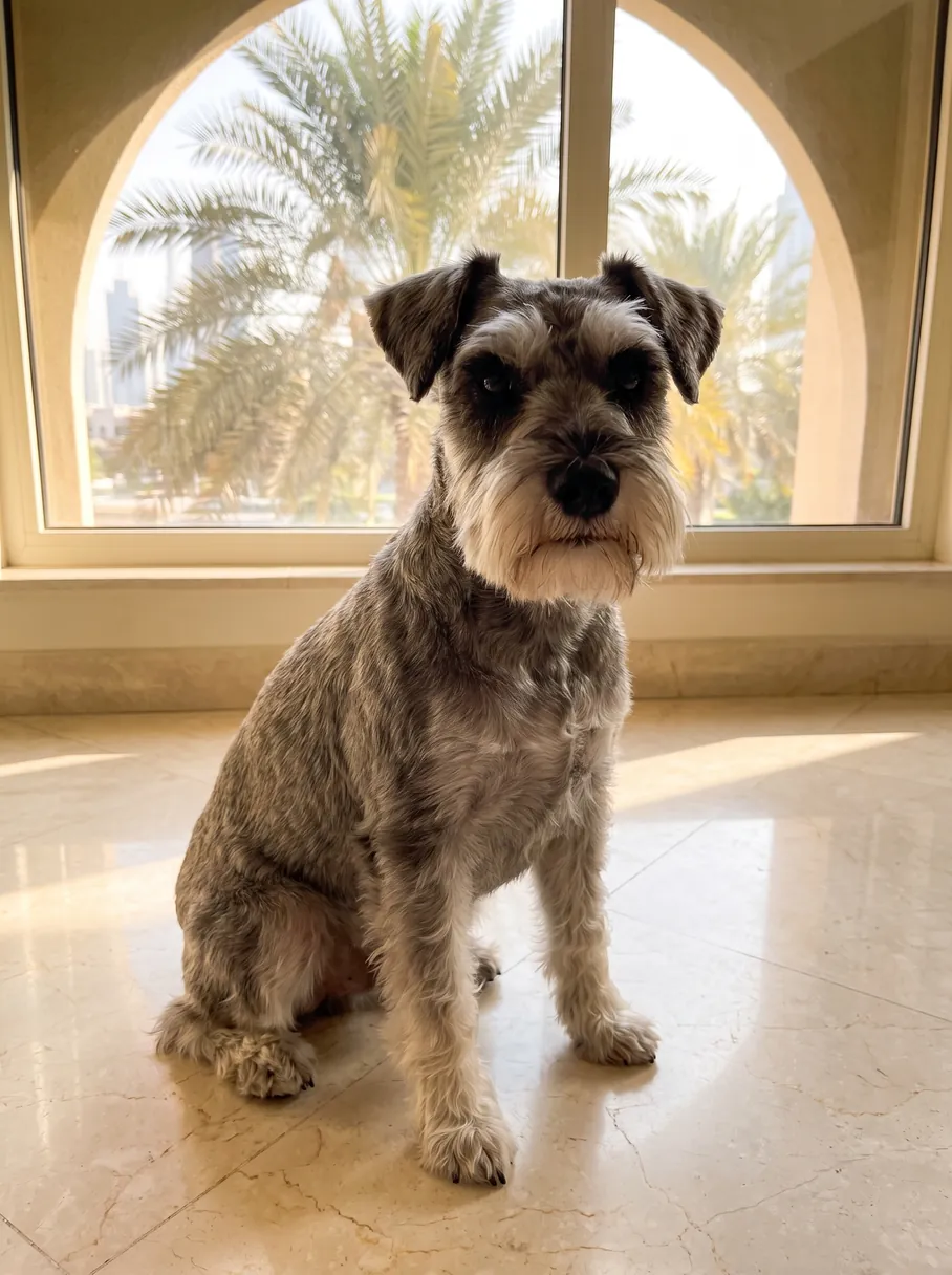 A freshly clipped salt-and-pepper Miniature Schnauzer sitting on a marble floor