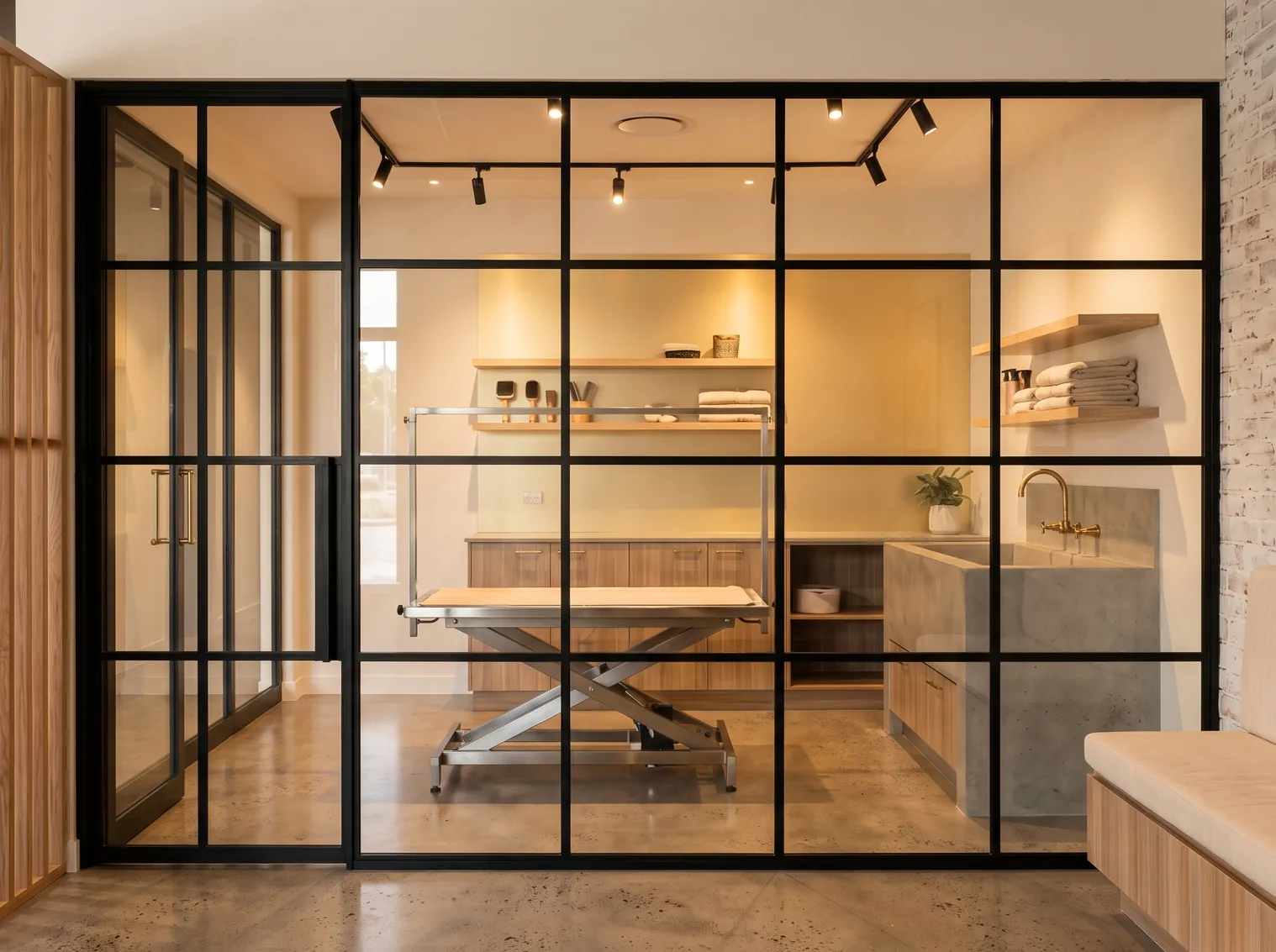 The Paws & Co grooming salon seen from the waiting area through a black-framed glass wall, with the grooming table and wash tub inside