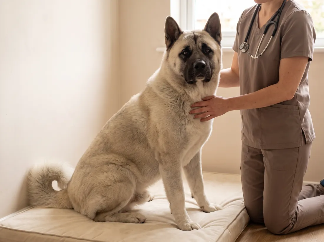 A vet kneeling beside a calm Akita with a hand on his shoulder
