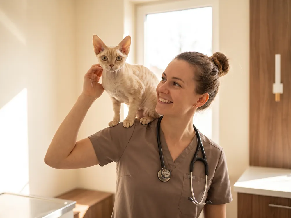 A young Devon Rex cat perched on a smiling vet's shoulder