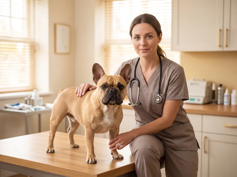 A French Bulldog standing on the consultation table while a vet holds him steady