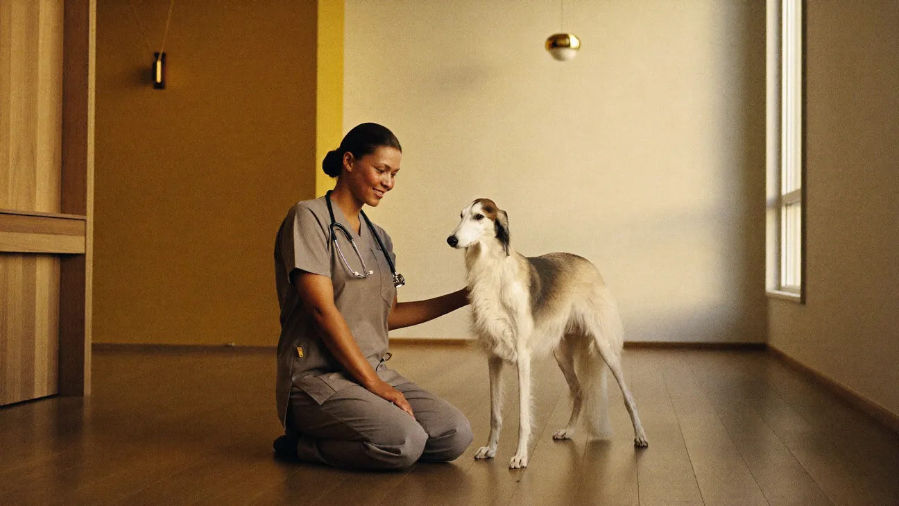A vet kneeling beside a Saluki in a warm consultation room