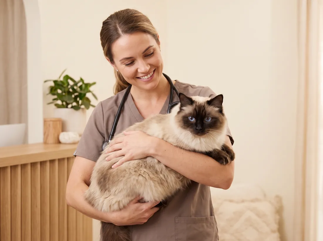 A vet holding a relaxed Ragdoll cat in her arms