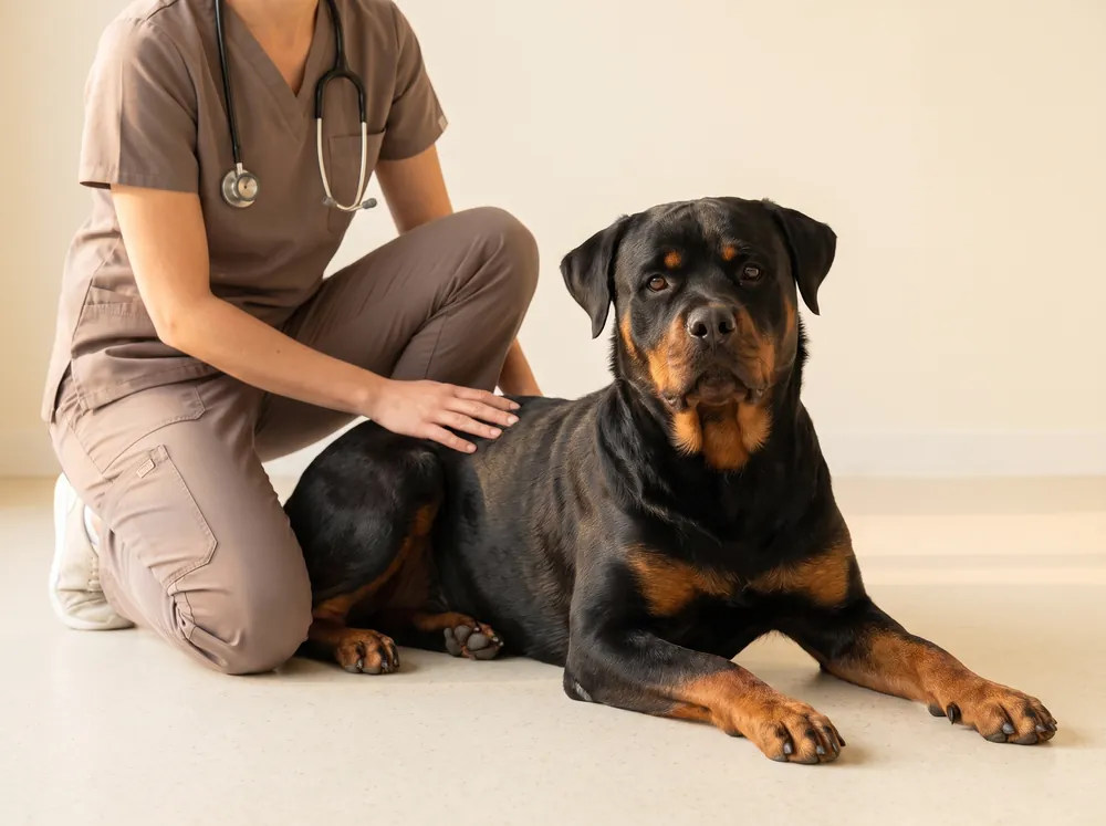 A Rottweiler lying calmly on the floor while a vet kneels beside him