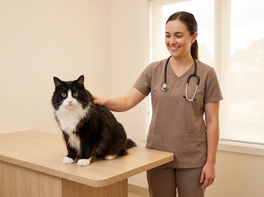 A black and white cat sitting on the consultation table while a vet strokes his back