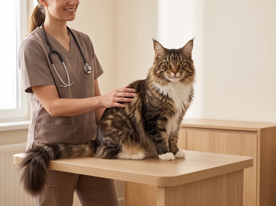 A Maine Coon sitting on the consultation table while a vet strokes her back