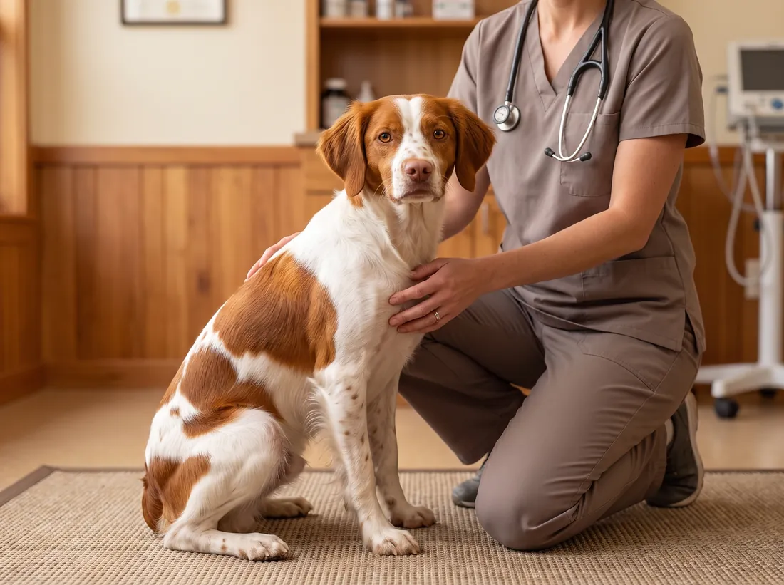 A Brittany sitting on a rug while a vet kneels beside her, one hand on her chest