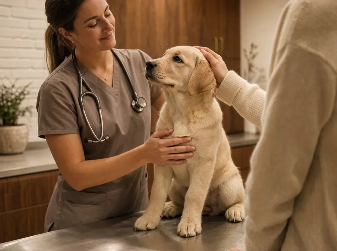 A vet resting a hand on a Labrador puppy while the pet parent strokes its head