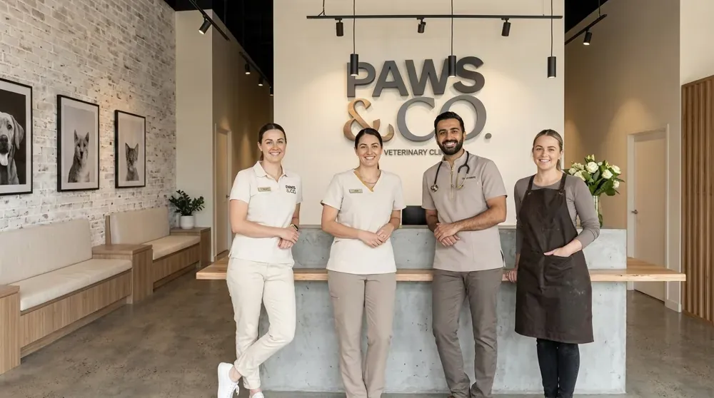 Four members of the Paws & Co team at the reception desk