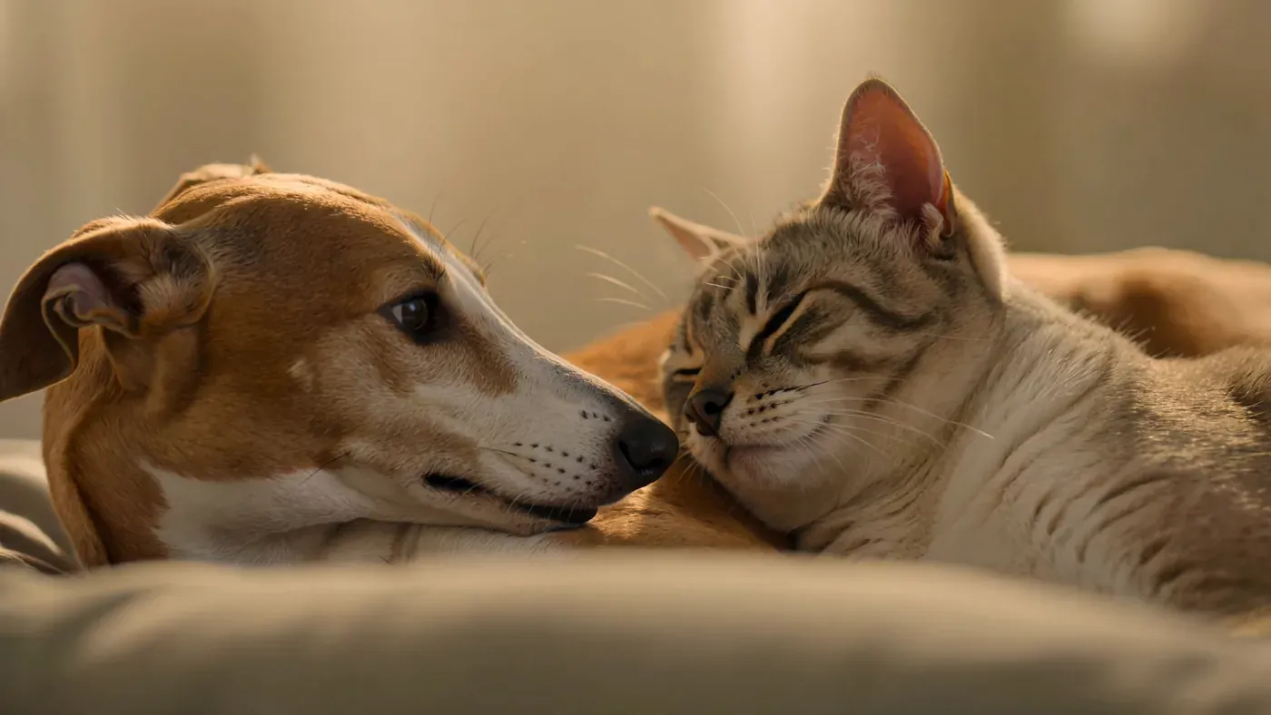 A greyhound and a cat resting together at home