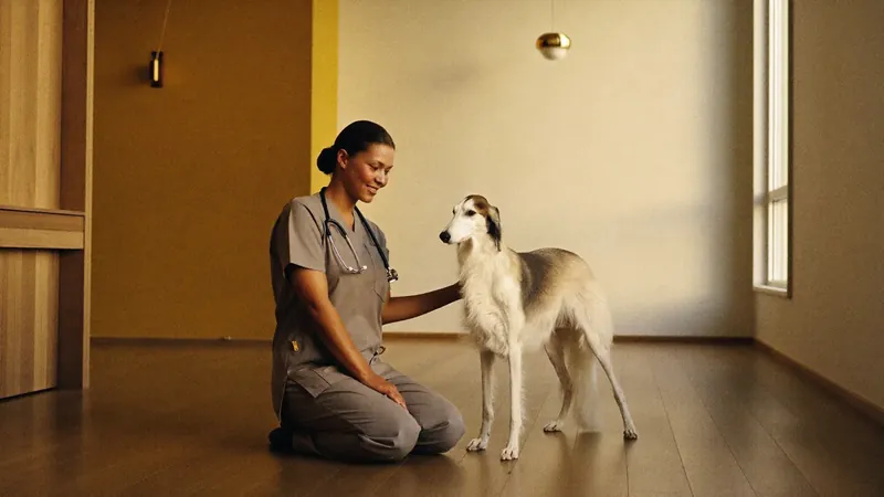 A Paws & Co vet kneeling beside a Saluki in a warm consultation room