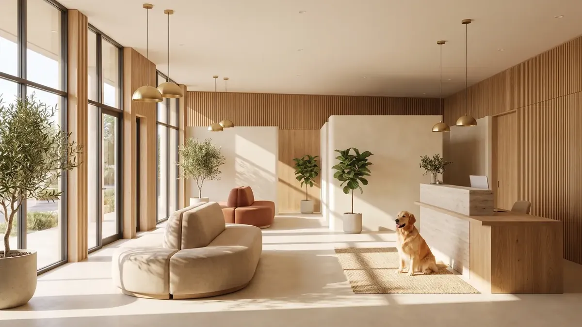 The reception of a Paws & Co clinic in warm light, with a Golden Retriever sitting by the desk