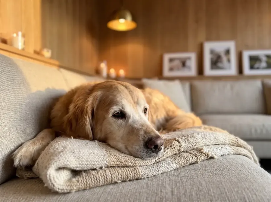An older Golden Retriever resting on a soft blanket in the Farewell Suite