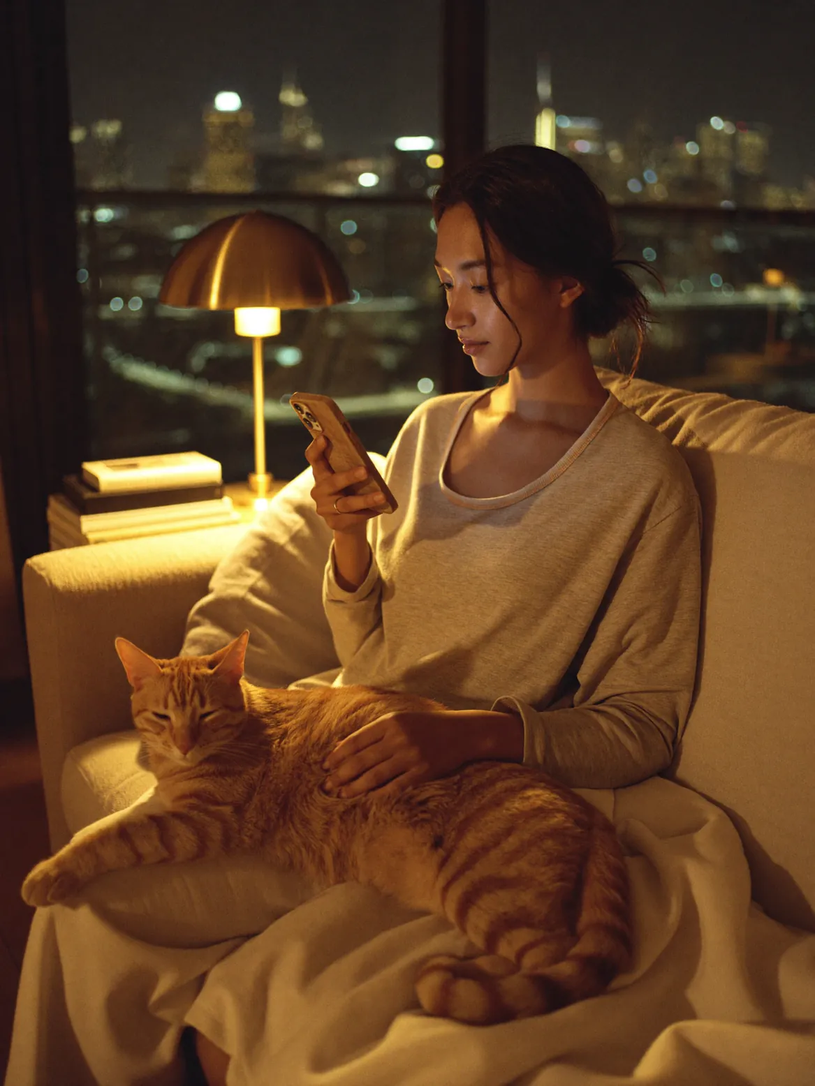A ginger cat asleep on a pet parent's lap on the sofa on the first evening home