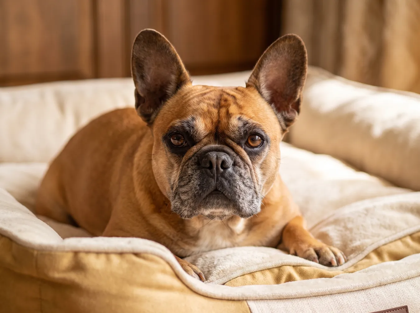 A French Bulldog resting in a soft bed at home