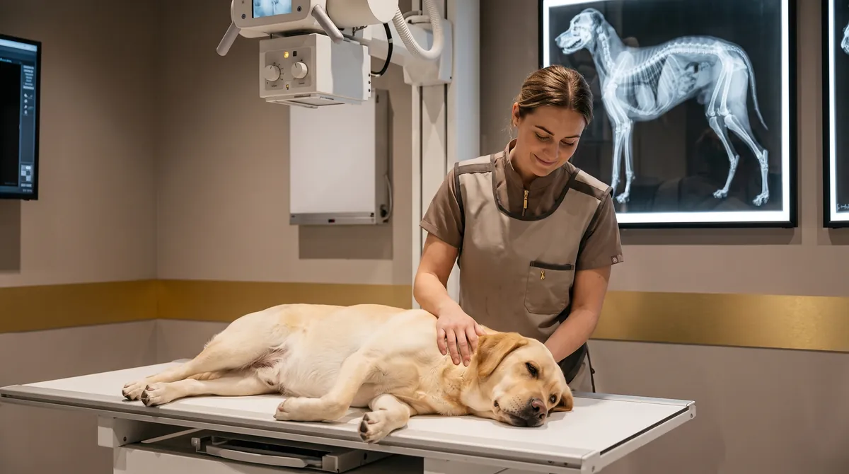 A Labrador lying calmly on the X-ray table while a vet nurse strokes him