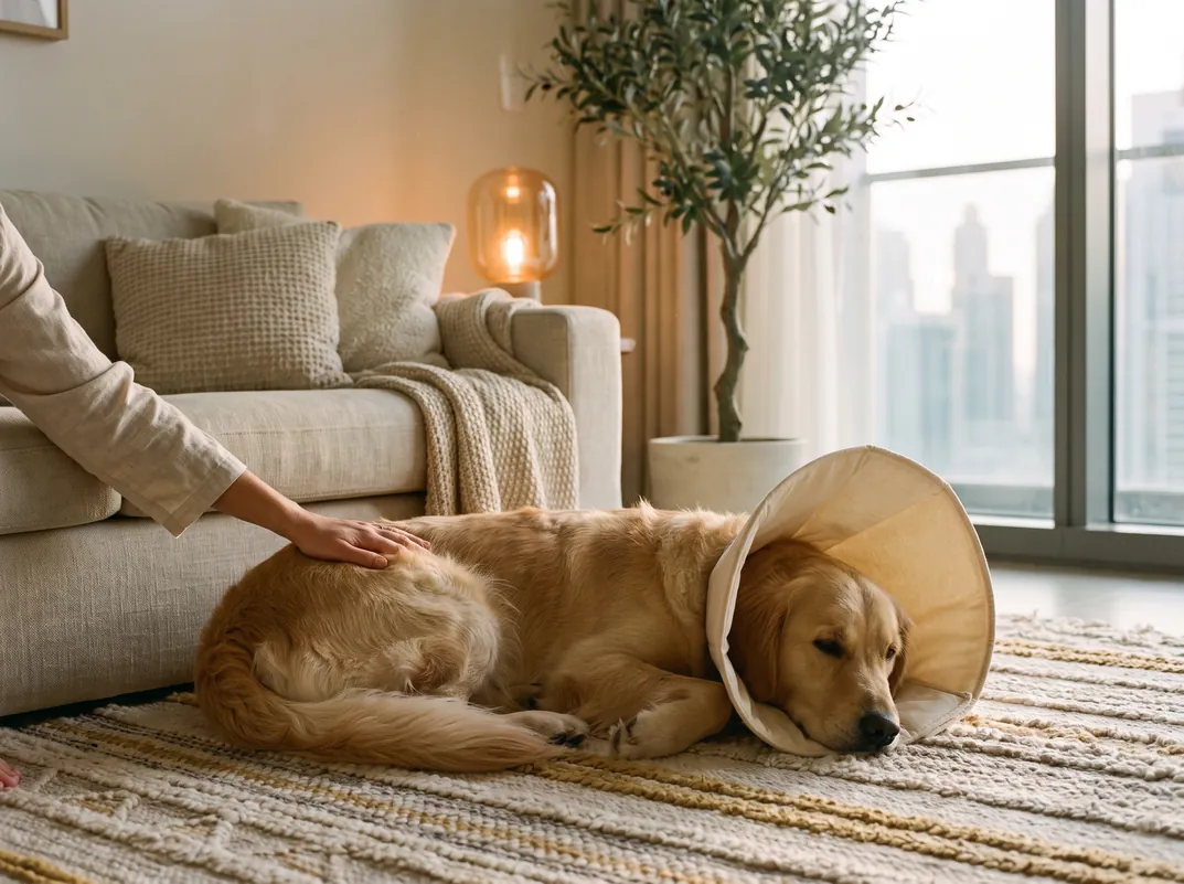 A golden retriever in a soft recovery cone resting on a rug at home, a pet parent's hand on its back