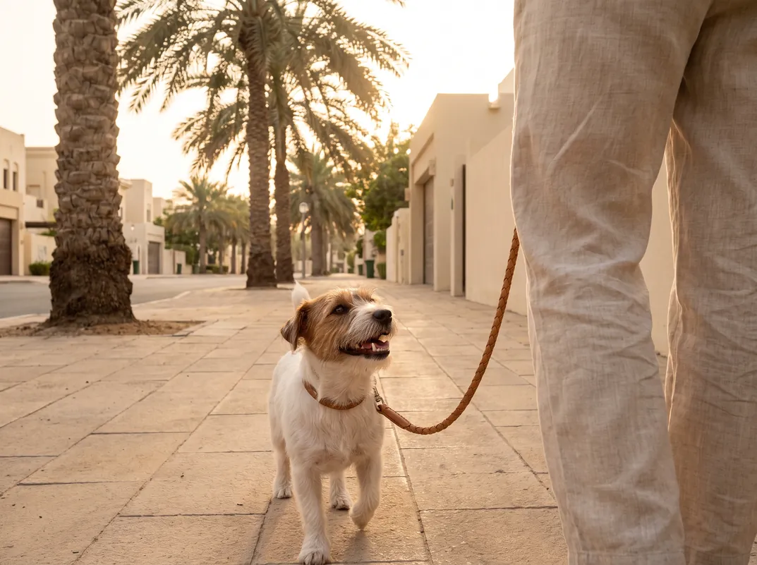 A Jack Russell Terrier on a short lead looking up at its owner on a palm-lined Dubai pavement