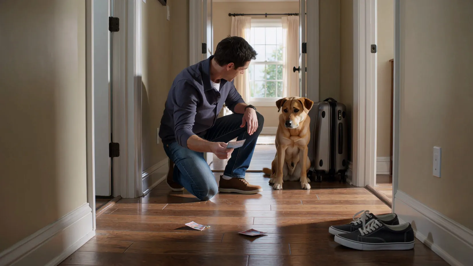 A dog beside a packed suitcase and a chewed passport in a hallway