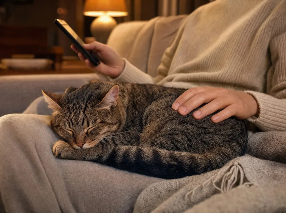 A tabby cat asleep under a hand on a cream sofa