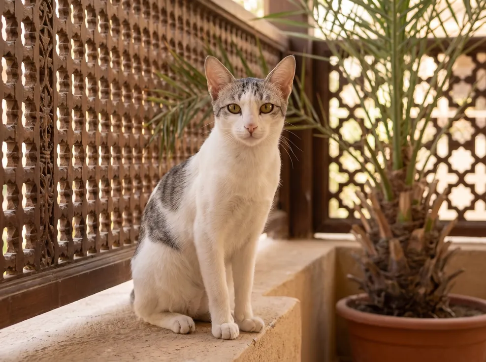 An Arabian Mau sitting on a sunlit ledge beside a carved wooden screen