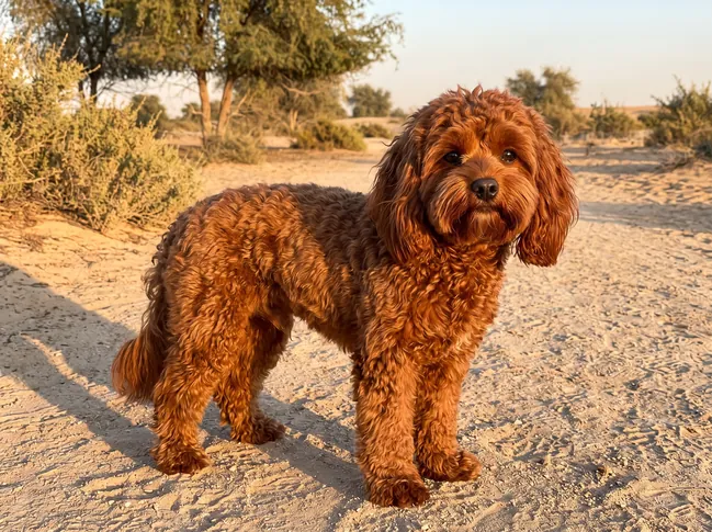 A curly-coated dog standing outdoors on sand at golden hour