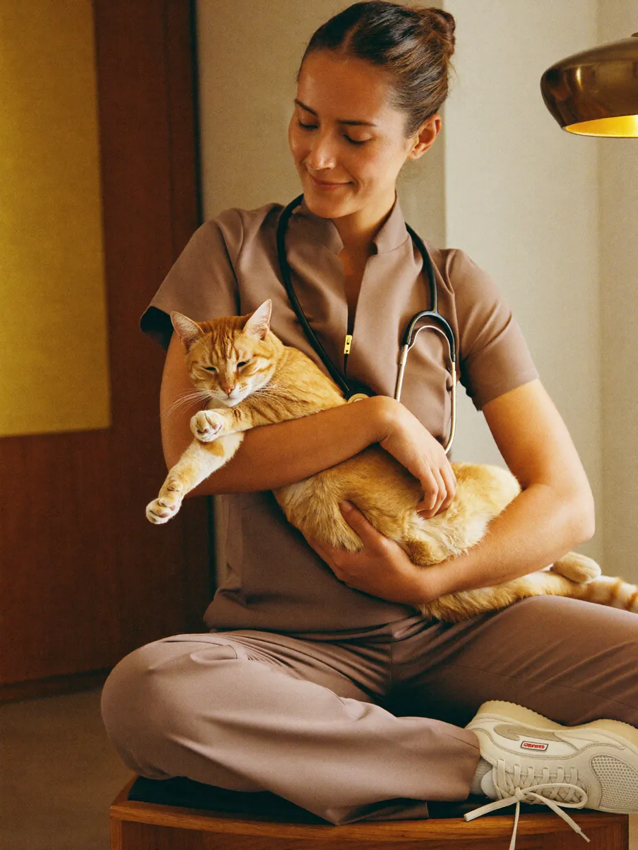 A vet in taupe scrubs holding a ginger cat