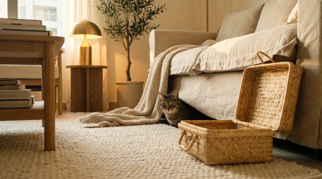 A tabby cat peeking out from under a linen sofa at an open travel carrier on the rug