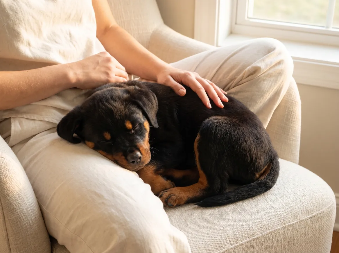 A Rottweiler puppy curled up asleep on a pet parent's lap in an armchair