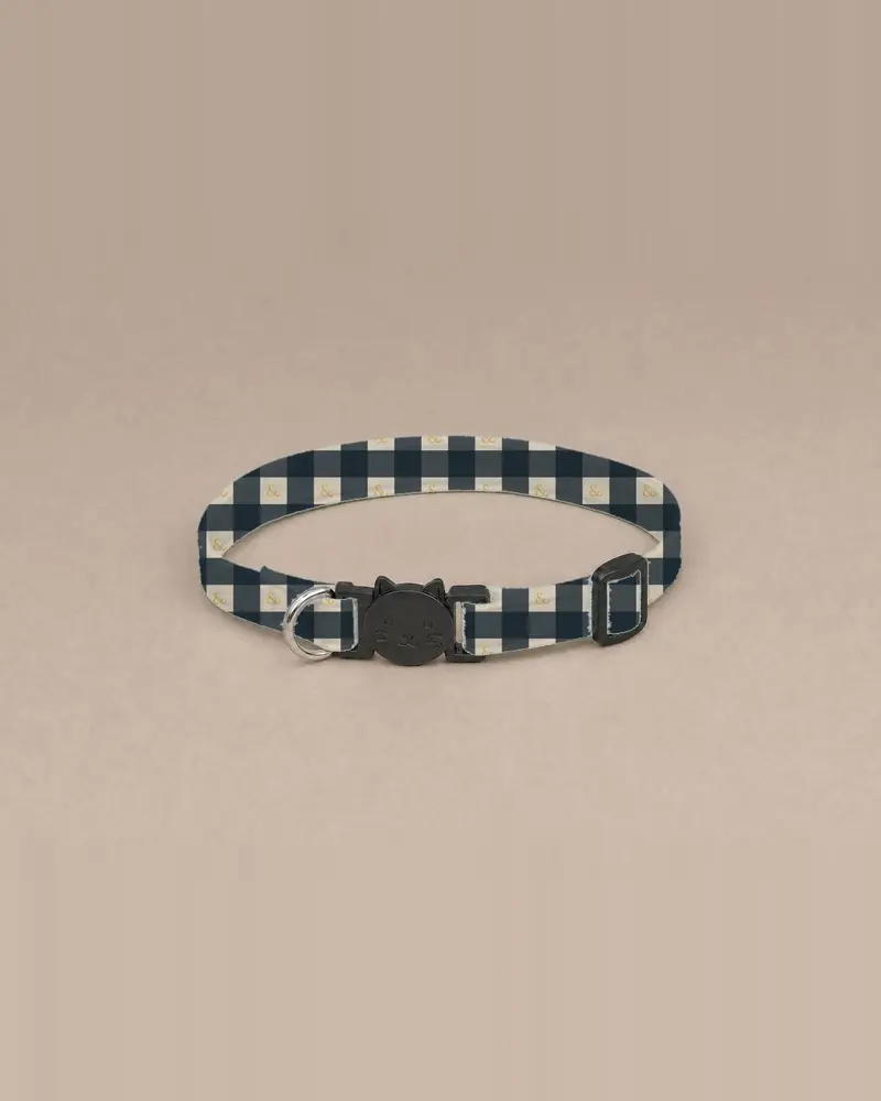 Cat collar, navy and stone check