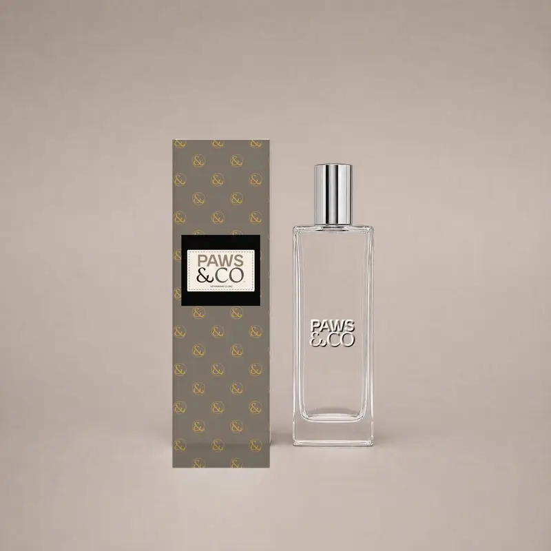 Paws & Co pet fragrance, gold ring on taupe