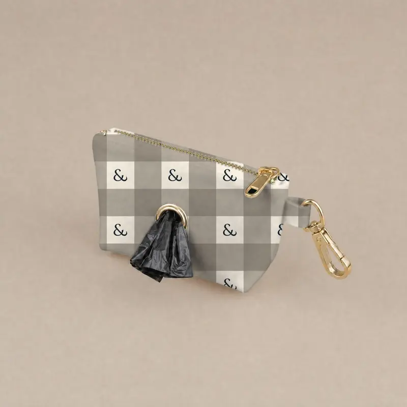 Printed walking pouch, taupe gingham