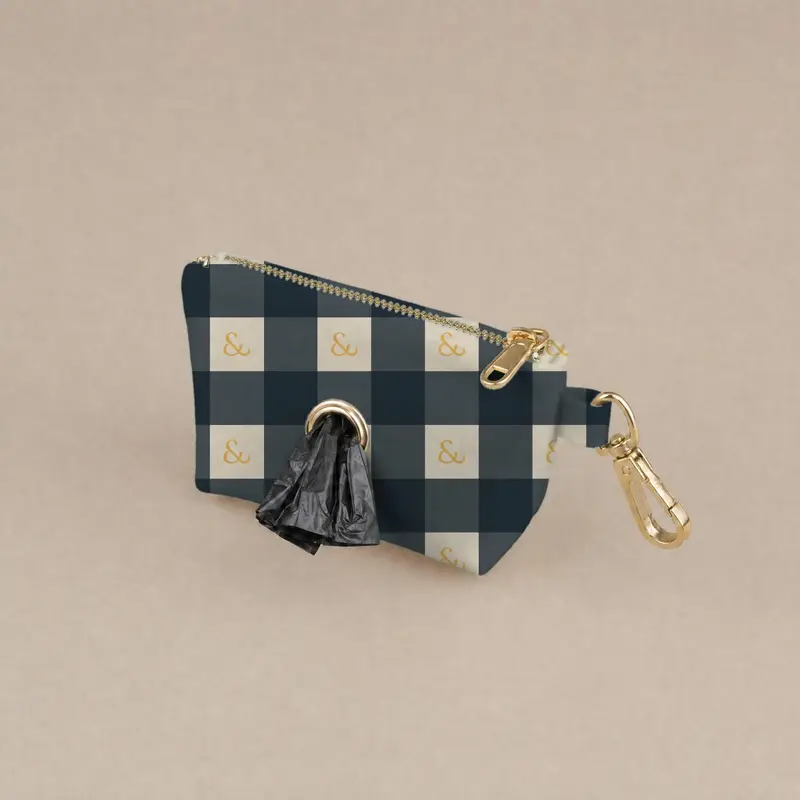 Printed walking pouch, navy and stone check